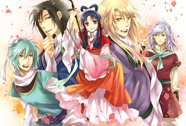 Anime picture 1100x747 with saiunkoku monogatari kou shuurei shi ryuuki shi seiran li kouyuu ran shuuei naka 53 long hair blue eyes black hair blonde hair smile brown eyes green eyes yellow eyes white hair traditional clothes green hair multiple boys chinese clothes