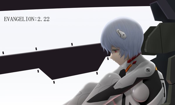 Anime picture 1668x1000 with neon genesis evangelion gainax ayanami rei siraha single short hair red eyes wide image sitting blue hair profile copyright name 3d girl hair ornament bodysuit