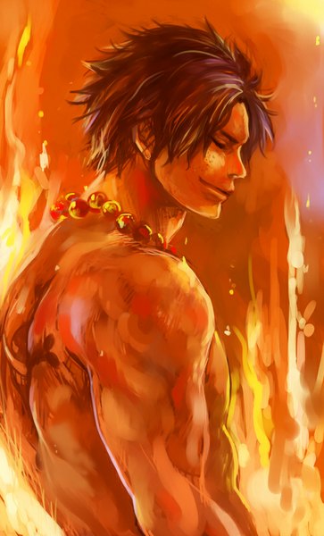 Anime picture 499x823 with one piece toei animation portgas d. ace tsuyomaru single tall image short hair black hair smile eyes closed profile tattoo muscle freckles boy beads flame