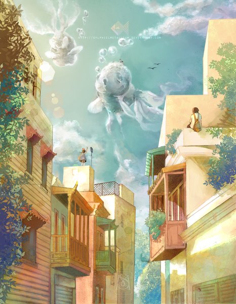 Anime picture 1000x1286 with original sylphielmetallium tall image standing sitting sky cloud (clouds) sunlight flying street girl boy plant (plants) animal tree (trees) bird (birds) building (buildings) fish (fishes) backpack house