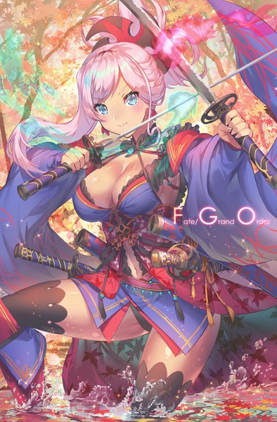 Anime picture 526x800 with fate (series) fate/grand order miyamoto musashi (fate) yoshimoto (dear life) single long hair tall image looking at viewer blush fringe breasts blue eyes light erotic smile large breasts holding cleavage outdoors traditional clothes japanese clothes