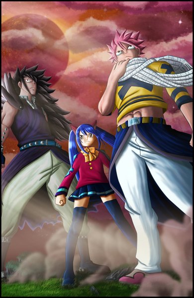 Anime picture 1024x1572 with fairy tail natsu dragneel wendy marvell gajeel redfox leackim7891 long hair tall image short hair black hair red eyes twintails brown eyes blue hair pink hair cloud (clouds) pleated skirt night sky piercing coloring smoke
