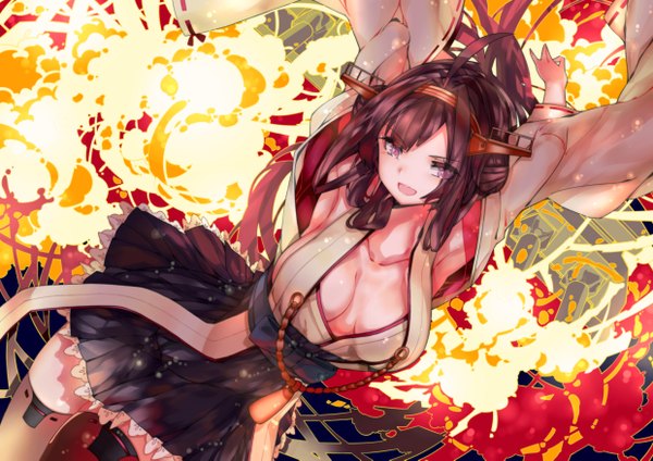 Anime picture 4960x3507 with kantai collection kongou battleship leung ka che single long hair highres breasts light erotic brown hair absurdres cleavage pink eyes arms up armpit (armpits) hair bun (hair buns) nontraditional miko explosion girl skirt weapon