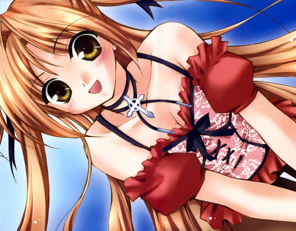 Anime picture 2090x1632 with sorairo no organ (game) lefeuille minase lin single long hair looking at viewer blush highres open mouth brown hair bare shoulders yellow eyes :d leaning two side up dutch angle leaning forward girl dress ribbon (ribbons)