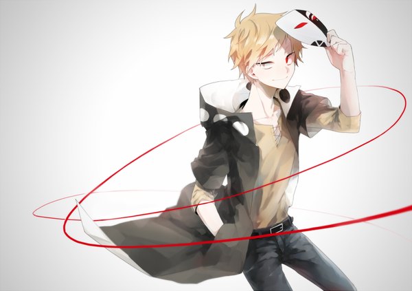 Anime picture 1800x1271 with kagerou project shaft (studio) kano shuuya 249 single looking at viewer highres short hair simple background blonde hair smile red eyes white background open clothes open jacket heterochromia hands in pockets boy jacket pants