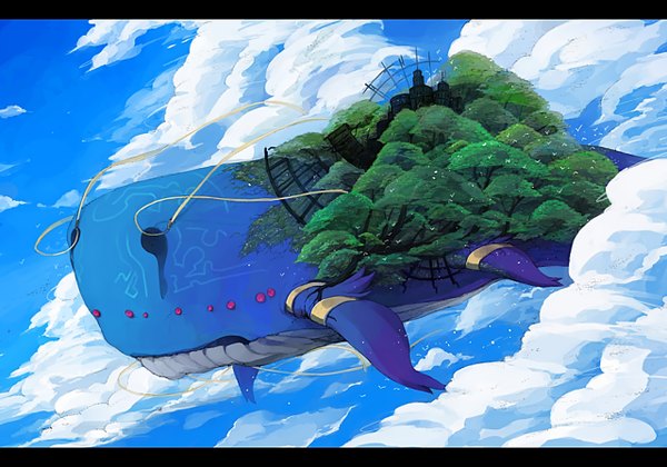 Anime picture 1280x896 with original eryngii yoko sky cloud (clouds) city flying plant (plants) animal tree (trees) bird (birds) whale