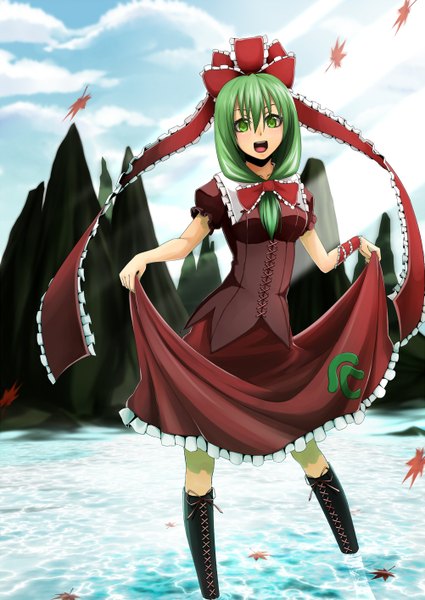 Anime picture 1002x1416 with touhou kagiyama hina bisuke (k step2009) single tall image open mouth green eyes green hair happy rock girl skirt hair ornament bow ribbon (ribbons) hair bow hair ribbon water boots leaf (leaves)