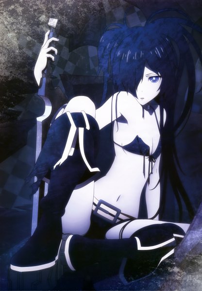 Anime picture 4087x5893 with black rock shooter black rock shooter (character) long hair tall image fringe highres blue eyes light erotic black hair twintails absurdres hair over one eye checkered background girl navel weapon sword shorts boots bikini top