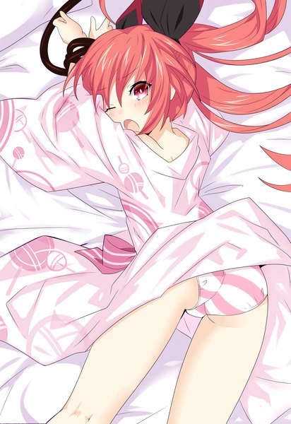Anime picture 2031x2952 with date a live itsuka kotori cui qing long hair tall image looking at viewer blush highres open mouth light erotic red eyes twintails red hair traditional clothes japanese clothes looking back from above from behind wide sleeves :o