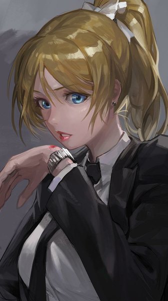Anime picture 621x1107 with love live! school idol project sunrise (studio) love live! ayase eli modare single long hair tall image looking at viewer blue eyes simple background blonde hair ponytail parted lips grey background girl bow hair bow earrings necktie