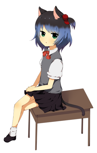 Anime picture 1200x1884 with utau ryone yami saru to yami single tall image looking at viewer short hair green eyes animal ears blue hair multicolored hair cat ears cat girl cat tail transparent background girl skirt miniskirt desk