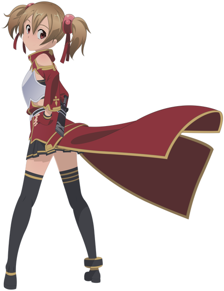 Anime picture 5821x7560 with sword art online a-1 pictures silica tall image highres short hair red eyes brown hair twintails absurdres short twintails transparent background girl thighhighs weapon black thighhighs sword cloak