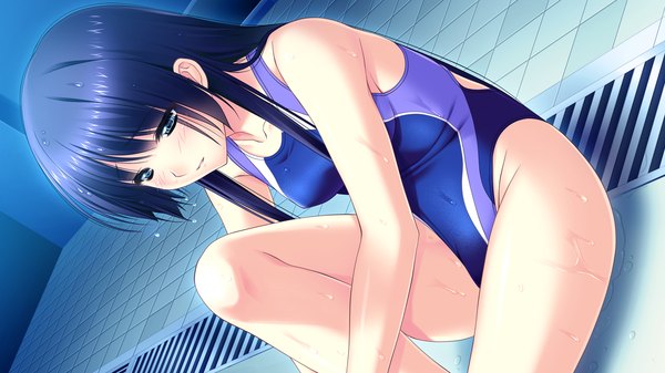 Anime picture 1280x720 with koi mekuri clover sakanoue mikana amasaka takashi long hair blush blue eyes light erotic wide image blue hair game cg wet girl swimsuit