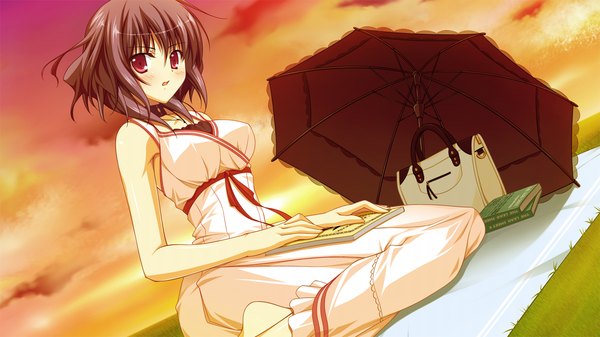Anime picture 1280x720 with fortissimo//akkord:bsusvier (game) ooba kagerou short hair red eyes wide image game cg purple hair evening sunset girl umbrella sundress