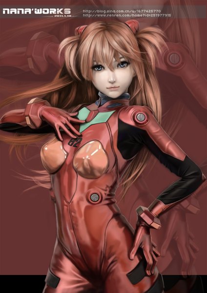 Anime picture 2480x3508 with neon genesis evangelion gainax soryu asuka langley nana hang single long hair tall image highres blue eyes brown hair realistic inscription hand on hip zoom layer girl pilot suit