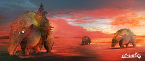 Anime picture 1500x639 with original pixiv fantasia pixiv fantasia v nanc wide image cloud (clouds) inscription animal water building (buildings) monster castle creature