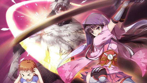 Anime picture 1280x720 with gensou douwa alicetale long hair open mouth black hair wide image yellow eyes game cg traditional clothes girl boy weapon sword monster