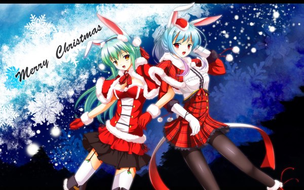 Anime picture 1680x1050 with original fatkewell long hair blush open mouth red eyes wide image multiple girls animal ears green hair aqua hair bunny ears fur trim christmas letterboxed merry christmas girl thighhighs skirt gloves