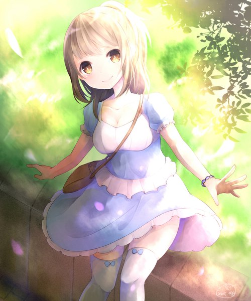 Anime picture 1666x2000 with original chita (ketchup) single long hair tall image looking at viewer fringe breasts blonde hair smile brown eyes signed cleavage sunlight blurry midriff zettai ryouiki puffy sleeves spread arms girl