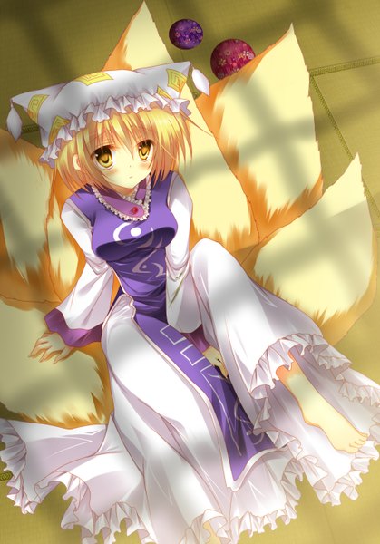 Anime picture 1000x1432 with touhou yakumo ran asakura hayate single tall image looking at viewer blush short hair blonde hair yellow eyes fox ears fox tail fox girl multiple tails girl dress bonnet