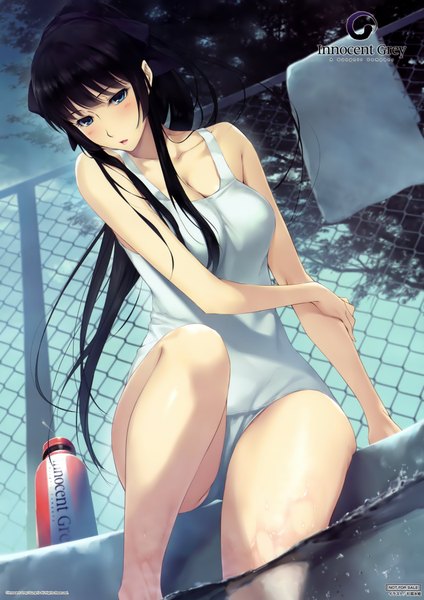 Anime picture 2970x4200 with innocent grey sugina miki single long hair tall image blush highres blue eyes light erotic black hair ponytail girl towel pool white school swimsuit