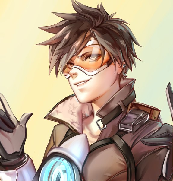 Anime picture 2031x2125 with overwatch blizzard entertainment tracer (overwatch) yaya (shizuku) single tall image fringe highres short hair simple background smile brown hair brown eyes looking away upper body piercing ear piercing yellow background girl gloves