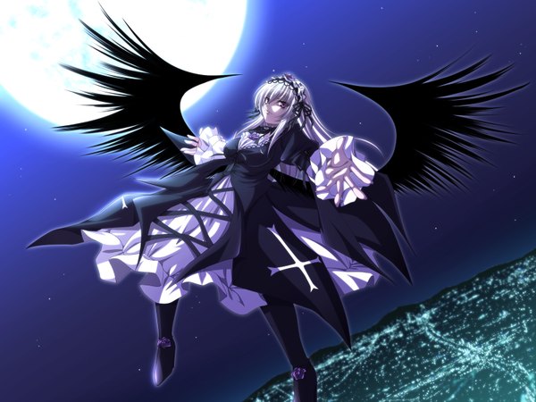 Anime picture 1600x1200 with rozen maiden suigintou single long hair purple eyes white hair girl wings full moon