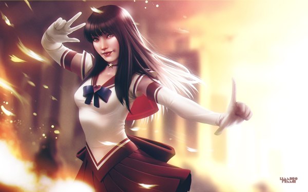 Anime picture 1920x1200 with bishoujo senshi sailor moon toei animation sailor mars lenadrofranci single long hair fringe highres black hair wide image brown eyes signed wind realistic wallpaper lipstick victory spread arms girl gloves