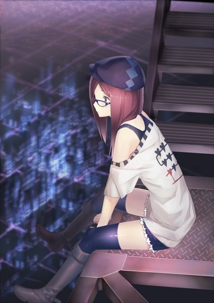 Anime picture 1000x1412 with original ac (eshi) single long hair tall image red eyes brown hair profile from above city cityscape city lights girl thighhighs black thighhighs hat glasses t-shirt stairs flat cap
