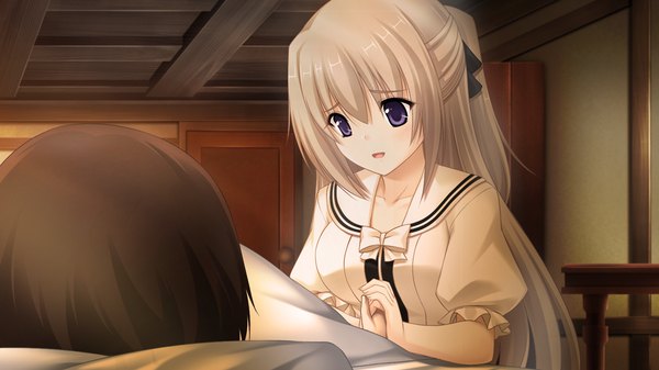 Anime picture 1024x576 with jesus 13th long hair fringe short hair wide image purple eyes game cg white hair indoors lying short sleeves puffy sleeves girl dress boy bow ribbon (ribbons) hair ribbon