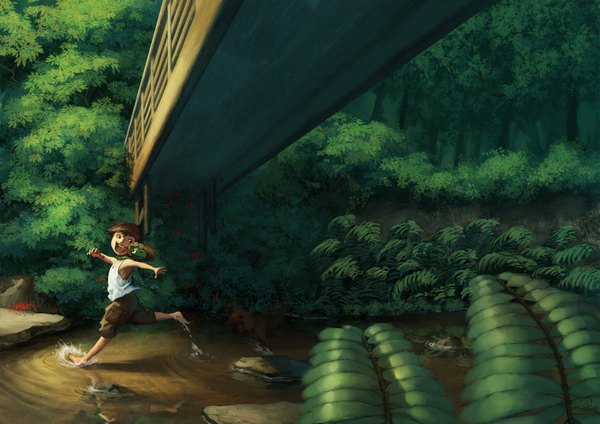 Anime picture 1754x1240 with kappa no coo to natsuyasumi coo (kappa) koichi uehara sinto (artist) highres short hair open mouth brown hair barefoot no shoes hug happy summer river nature running laughing kappa boy plant (plants)