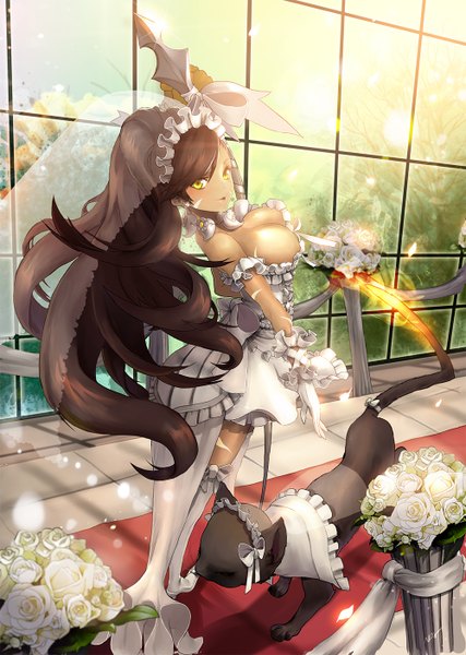 Anime picture 1000x1406 with league of legends nidalee (league of legends) nal (artist) single long hair tall image looking at viewer fringe breasts smile brown hair large breasts yellow eyes ponytail sunlight wedding girl thighhighs dress gloves
