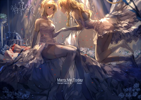 Anime picture 2400x1715 with touhou kirisame marisa alice margatroid meng ziya long hair fringe highres short hair breasts blue eyes light erotic blonde hair sitting bare shoulders multiple girls holding signed payot looking away bent knee (knees)