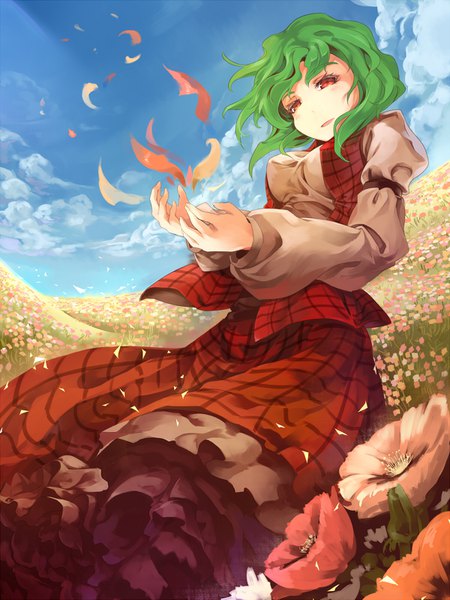Anime picture 1200x1600 with touhou kazami yuuka asutora single tall image looking at viewer blush short hair smile red eyes sky cloud (clouds) parted lips green hair wind puffy sleeves plaid skirt plaid girl skirt