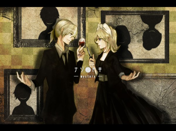 Anime picture 1500x1124 with vocaloid kagamine rin kagamine len short hair blonde hair smile red eyes portrait girl dress boy hair ornament bow hair bow necktie hairclip black dress suit knife wine glass