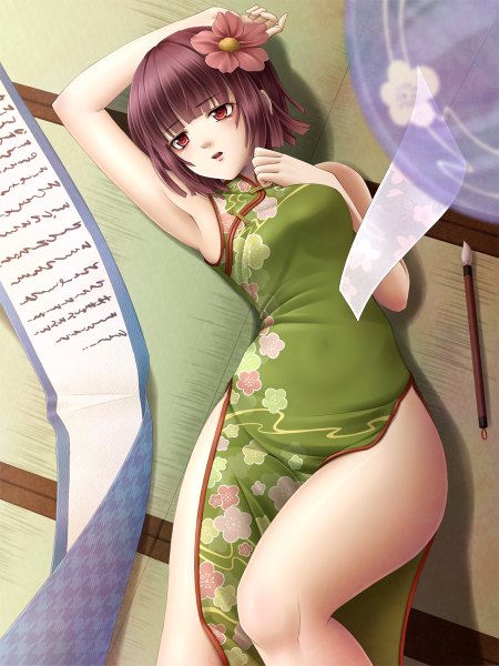 Anime picture 900x1200 with touhou hieda no akyuu mochi.f single tall image short hair light erotic red eyes brown hair lying hair flower chinese clothes girl hair ornament flower (flowers) chinese dress