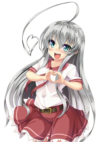 Anime picture 826x1168 with haiyore! nyaruko-san nyaruko amau (kosmos) single long hair tall image blush open mouth blue eyes simple background white background silver hair ahoge heart hands girl dress