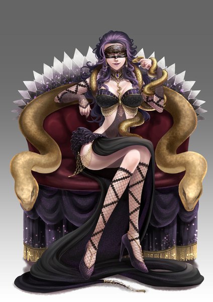 Anime picture 1600x2263 with v-sil single long hair tall image breasts light erotic simple background smile yellow eyes cleavage purple hair nail polish lips grey background high heels legs crossed legs girl dress earrings