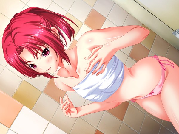 Anime picture 1600x1200 with wanna. spartansex spermax! (game) blush short hair light erotic game cg red hair girl navel underwear panties bandage (bandages) pink panties