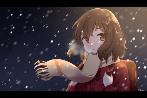 Anime picture 1200x800 with boku dake ga inai machi a-1 pictures hinazuki kayo eileen (artist) single fringe short hair brown hair brown eyes signed looking away upper body outdoors one eye closed wind blurry night light snowing letterboxed