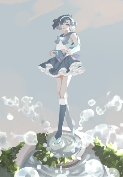 Anime picture 1280x1837 with bishoujo senshi sailor moon toei animation mizuno ami sailor mercury black-quose single tall image short hair blue eyes standing blue hair looking away sky outdoors nail polish pleated skirt wind lips glowing walking