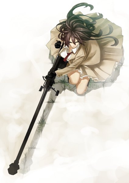 Anime picture 781x1104 with original tef single long hair tall image simple background brown hair white background looking away green hair from above shadow squat girl gloves weapon plant (plants) shirt necktie gun