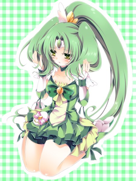 Anime picture 1000x1333 with precure smile precure! toei animation midorikawa nao cure march nogi takayoshi single long hair tall image blush green eyes ponytail green hair plaid plaid background girl dress