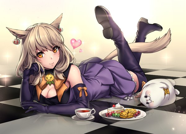 Anime picture 800x577 with final fantasy final fantasy xiv square enix miqo'te aruma jiki long hair looking at viewer blush fringe breasts light erotic blonde hair smile large breasts bare shoulders animal ears yellow eyes cleavage tail animal tail