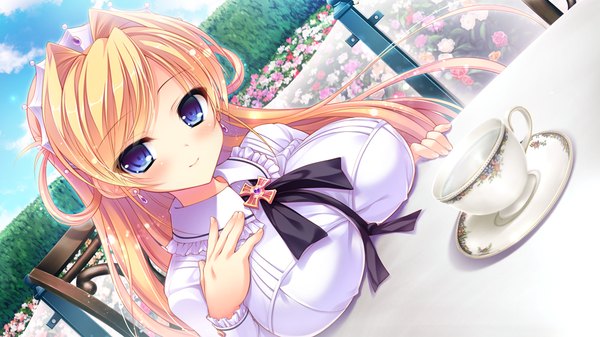 Anime picture 1024x576 with love love life skyfish (studio) leone goldbach wori single long hair looking at viewer blush breasts light erotic blonde hair wide image large breasts game cg light smile girl dress hair ornament flower (flowers)