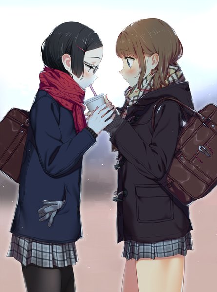 Anime picture 742x1000 with original aida takanobu tall image blush short hair blue eyes black hair brown hair multiple girls shoujo ai girl skirt 2 girls glasses jacket scarf school bag red scarf disposable cup plaid scarf