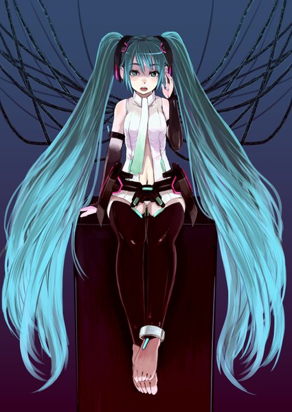 Anime picture 2508x3541 with vocaloid vocaloid append hatsune miku hatsune miku (append) ryou@ryou single long hair tall image highres simple background twintails aqua eyes aqua hair girl necktie wire (wires)