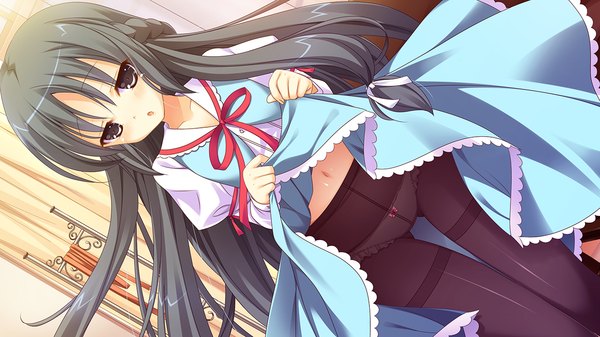 Anime picture 1280x720 with imo-bilizer! nanaze izumi uriri umetori long hair blush light erotic black hair wide image game cg black eyes dress lift girl underwear panties pantyhose frills