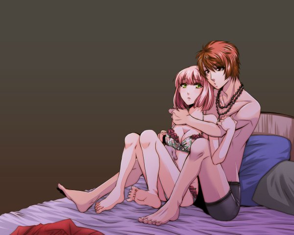 Anime picture 1280x1024 with uta no prince-sama a-1 pictures nanami haruka (uta no prince-sama) ittoki otoya tagme (artist) short hair light erotic red eyes brown hair sitting yellow eyes pink hair red hair barefoot from behind couple hug dark background girl boy