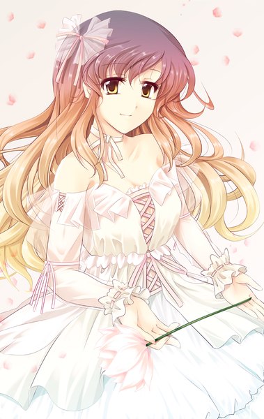 Anime picture 758x1200 with touhou hijiri byakuren cetera single long hair tall image simple background brown hair white background brown eyes multicolored hair two-tone hair gradient background pink background girl dress flower (flowers) bow hair bow petals